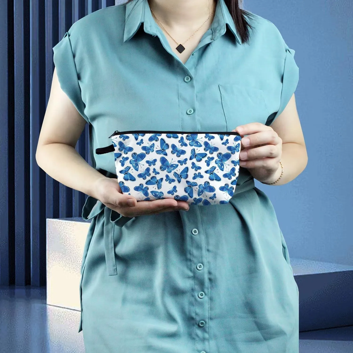 Blue Butterfly Cosmetic Bag Cute Small Makeup Bag Travel Toiletry Organizer Zipper Pouch Blue Butterfly Birthday Present for Butterfly Lovers Women Friends