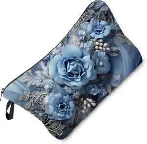 Blue Rose Lace Pattern Makeup Bag Retro Blue Roses Small Organizer Bag Zipper Pouch Vintage Lace Print Cosmetic Bag Present for Women Friends