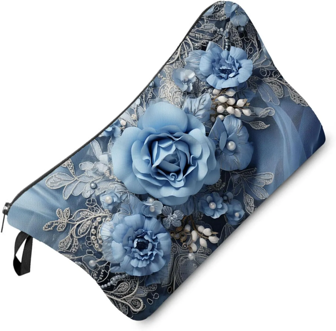 Blue Rose Lace Pattern Makeup Bag Retro Blue Roses Small Organizer Bag Zipper Pouch Vintage Lace Print Cosmetic Bag Present for Women Friends