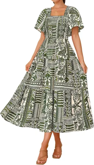 BTFBM Summer Floral Dress for Women 2025 Spring Boho Short Sleeve Square Neck Smocked Flowy Maxi Beach Vacation Dresses