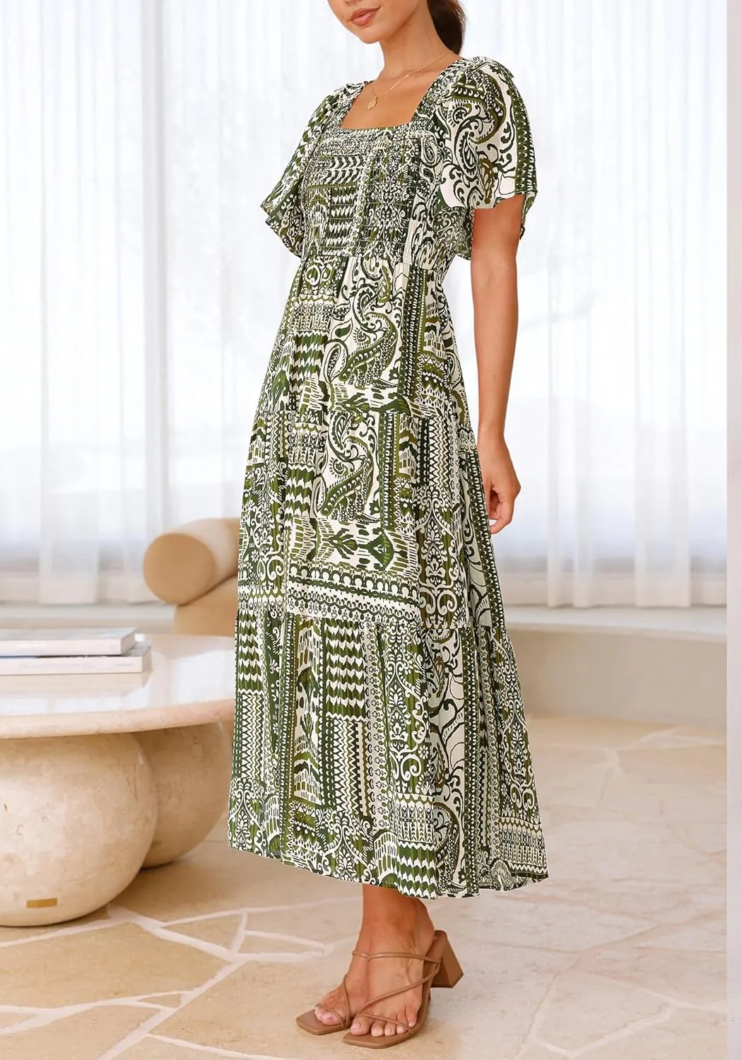 BTFBM Summer Floral Dress for Women 2025 Spring Boho Short Sleeve Square Neck Smocked Flowy Maxi Beach Vacation Dresses