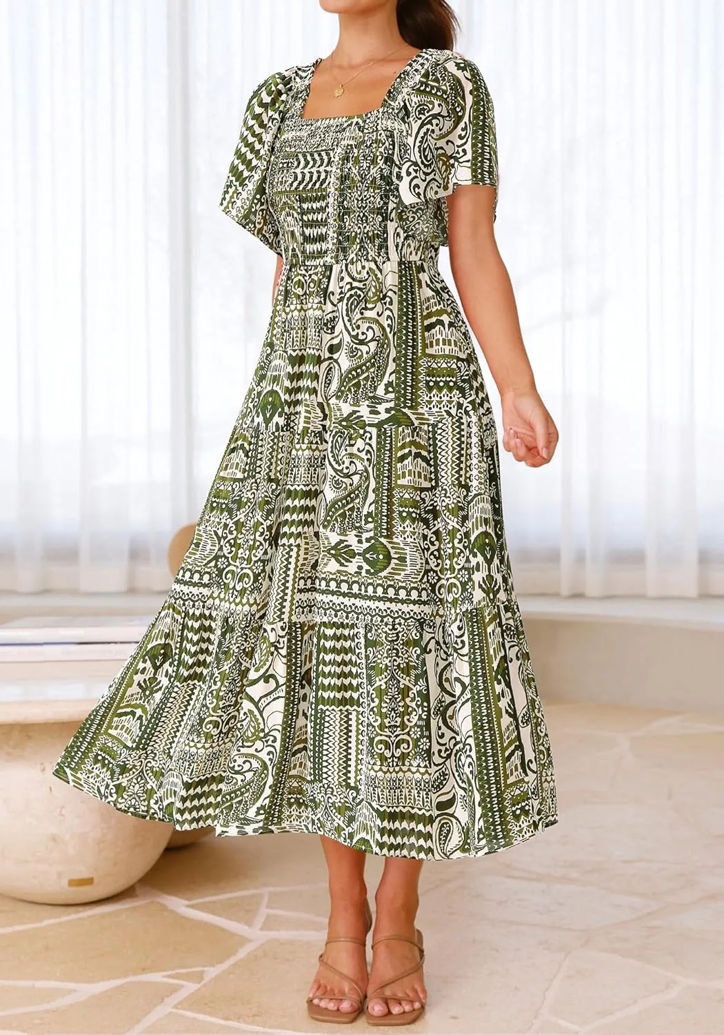 BTFBM Summer Floral Dress for Women 2025 Spring Boho Short Sleeve Square Neck Smocked Flowy Maxi Beach Vacation Dresses