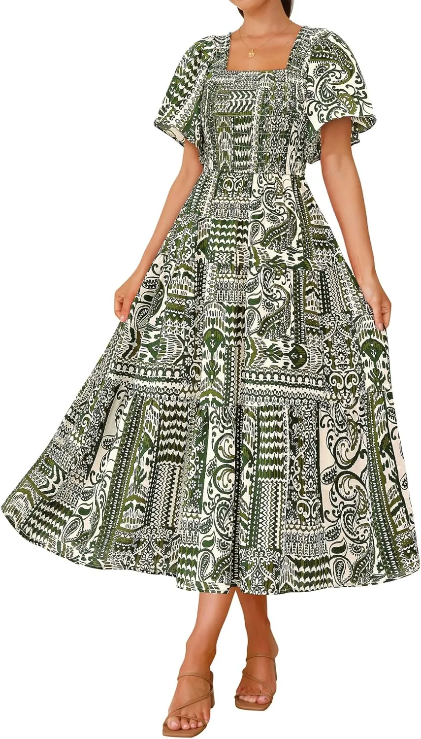 BTFBM Summer Floral Dress for Women 2025 Spring Boho Short Sleeve Square Neck Smocked Flowy Maxi Beach Vacation Dresses