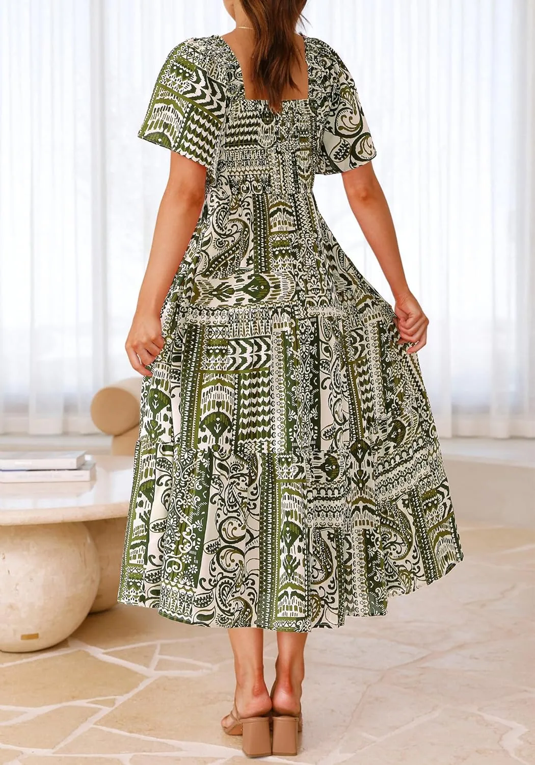 BTFBM Summer Floral Dress for Women 2025 Spring Boho Short Sleeve Square Neck Smocked Flowy Maxi Beach Vacation Dresses