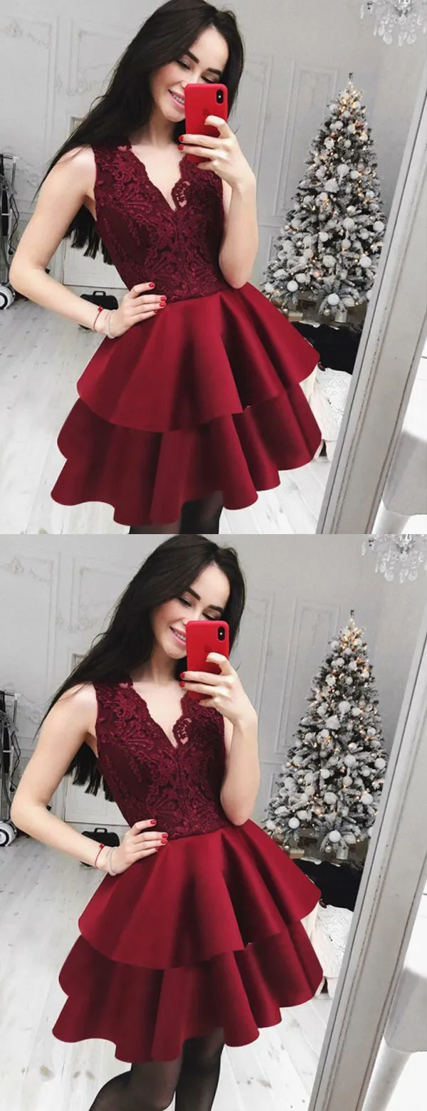 Burgundy Lace Satin Tiered Sleeveless V-neck Homecoming Dresses,HD0029