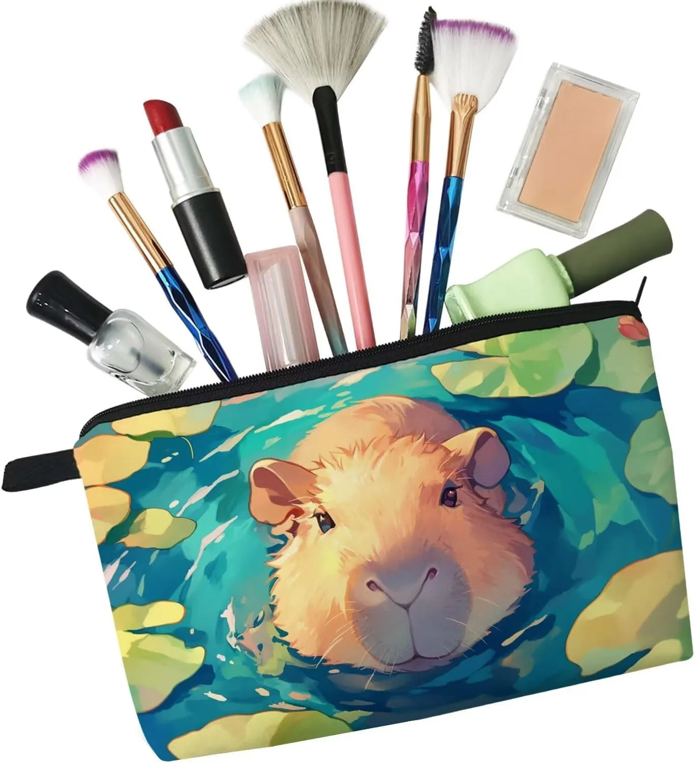 Capybara Makeup Bag Small Organizer Bag Toiletry Zipper Pouch Funny Capybara In Water Cosmetic Bag Present for Capybara Lovers Women Friends