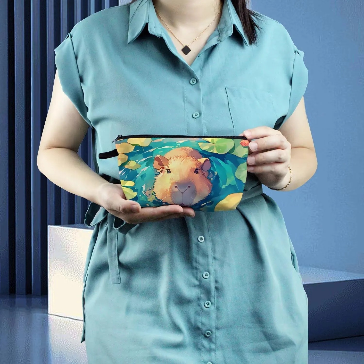 Capybara Makeup Bag Small Organizer Bag Toiletry Zipper Pouch Funny Capybara In Water Cosmetic Bag Present for Capybara Lovers Women Friends