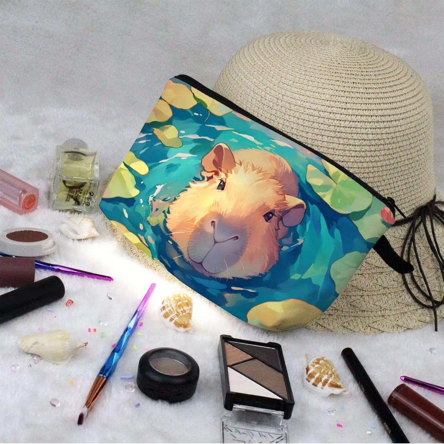 Capybara Makeup Bag Small Organizer Bag Toiletry Zipper Pouch Funny Capybara In Water Cosmetic Bag Present for Capybara Lovers Women Friends