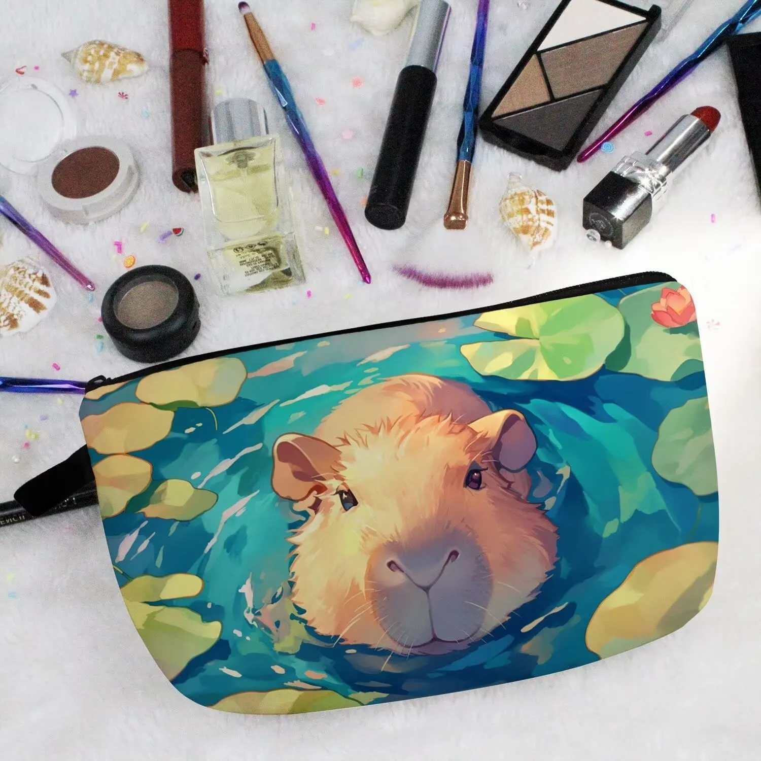Capybara Makeup Bag Small Organizer Bag Toiletry Zipper Pouch Funny Capybara In Water Cosmetic Bag Present for Capybara Lovers Women Friends