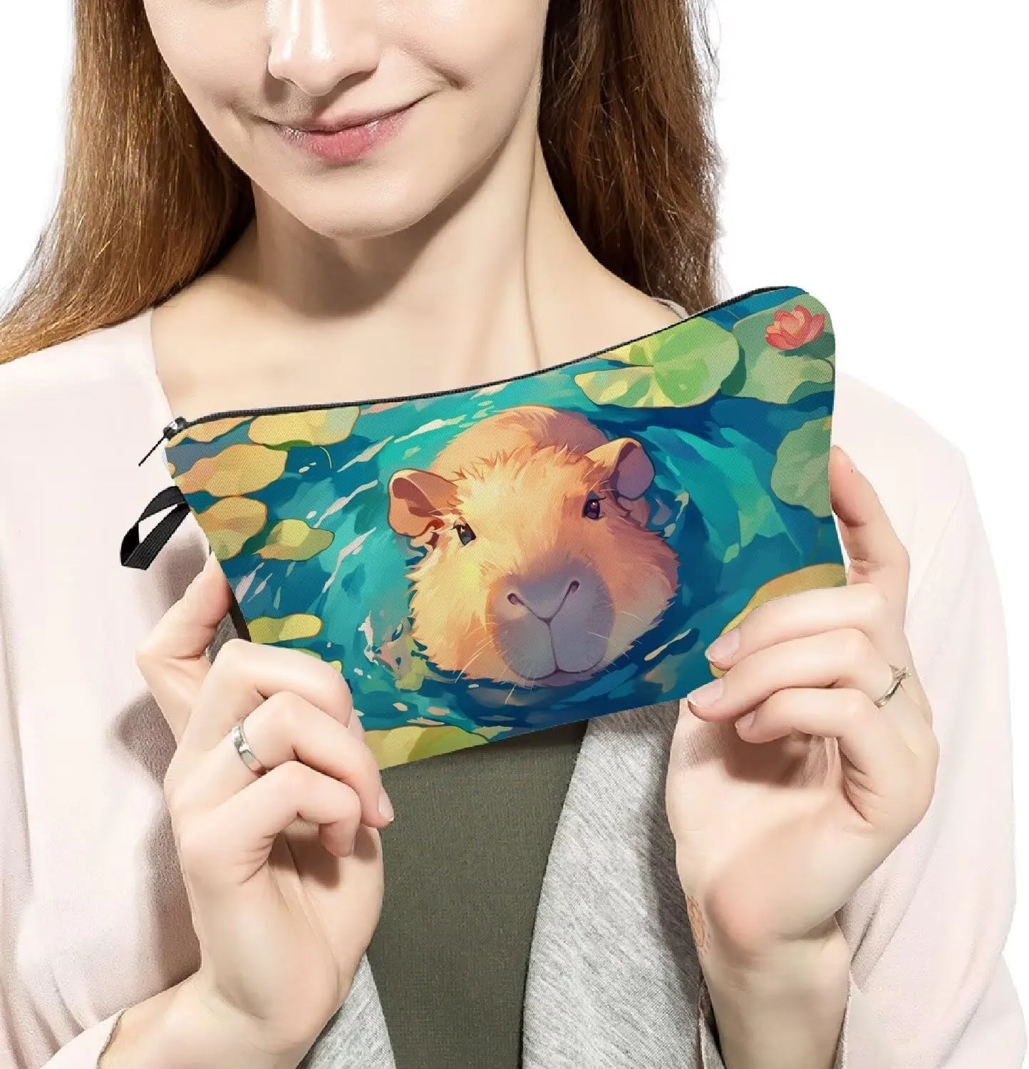 Capybara Makeup Bag Small Organizer Bag Toiletry Zipper Pouch Funny Capybara In Water Cosmetic Bag Present for Capybara Lovers Women Friends