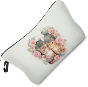 Cats In Love Makeup Bag Floral Cats Organizer Zipper Pouch Kittens In Love Cosmetic Bag Lovely Kitty Present for Cat Lovers Cat Mom Women Friends