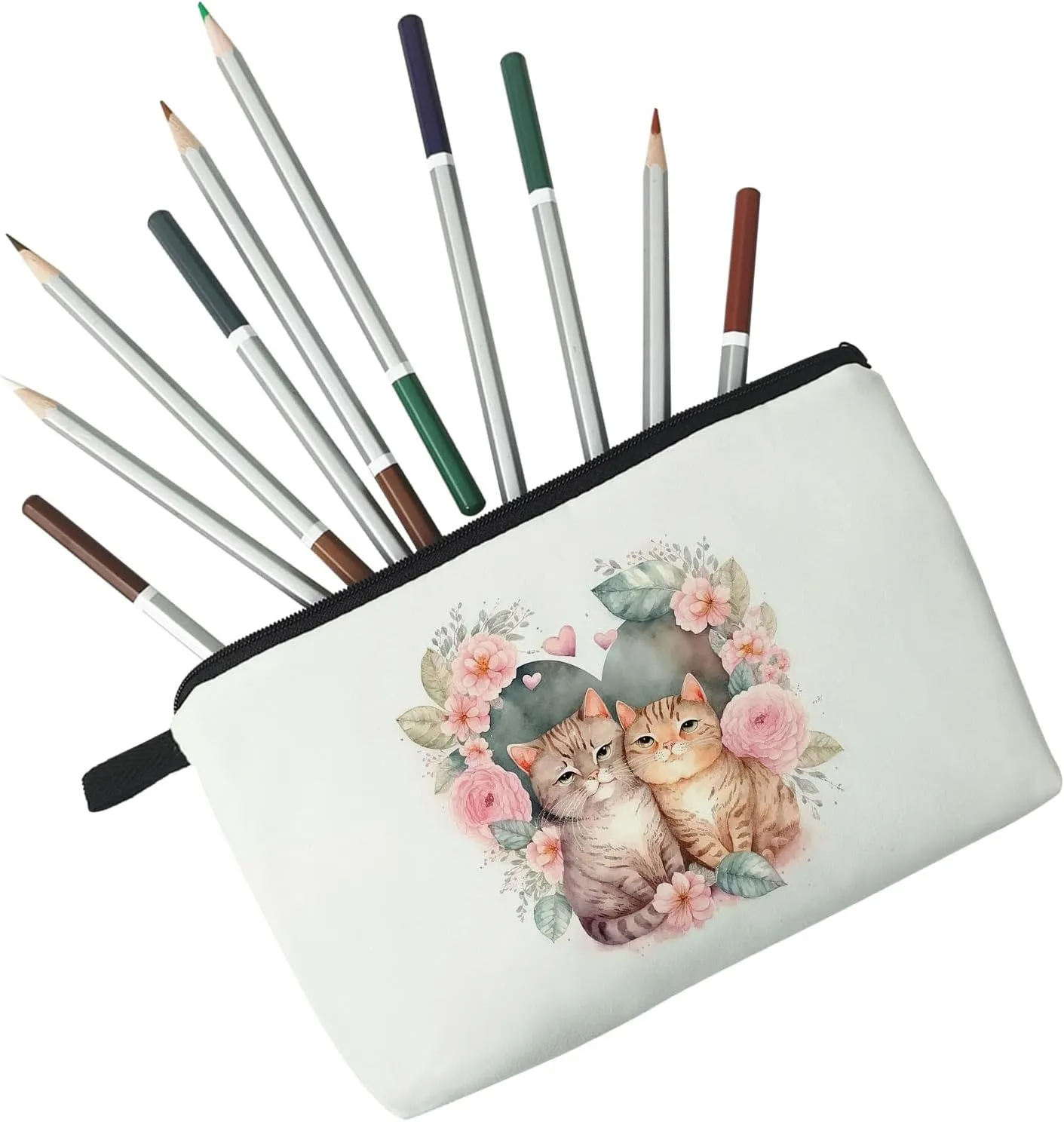 Cats In Love Makeup Bag Floral Cats Organizer Zipper Pouch Kittens In Love Cosmetic Bag Lovely Kitty Present for Cat Lovers Cat Mom Women Friends