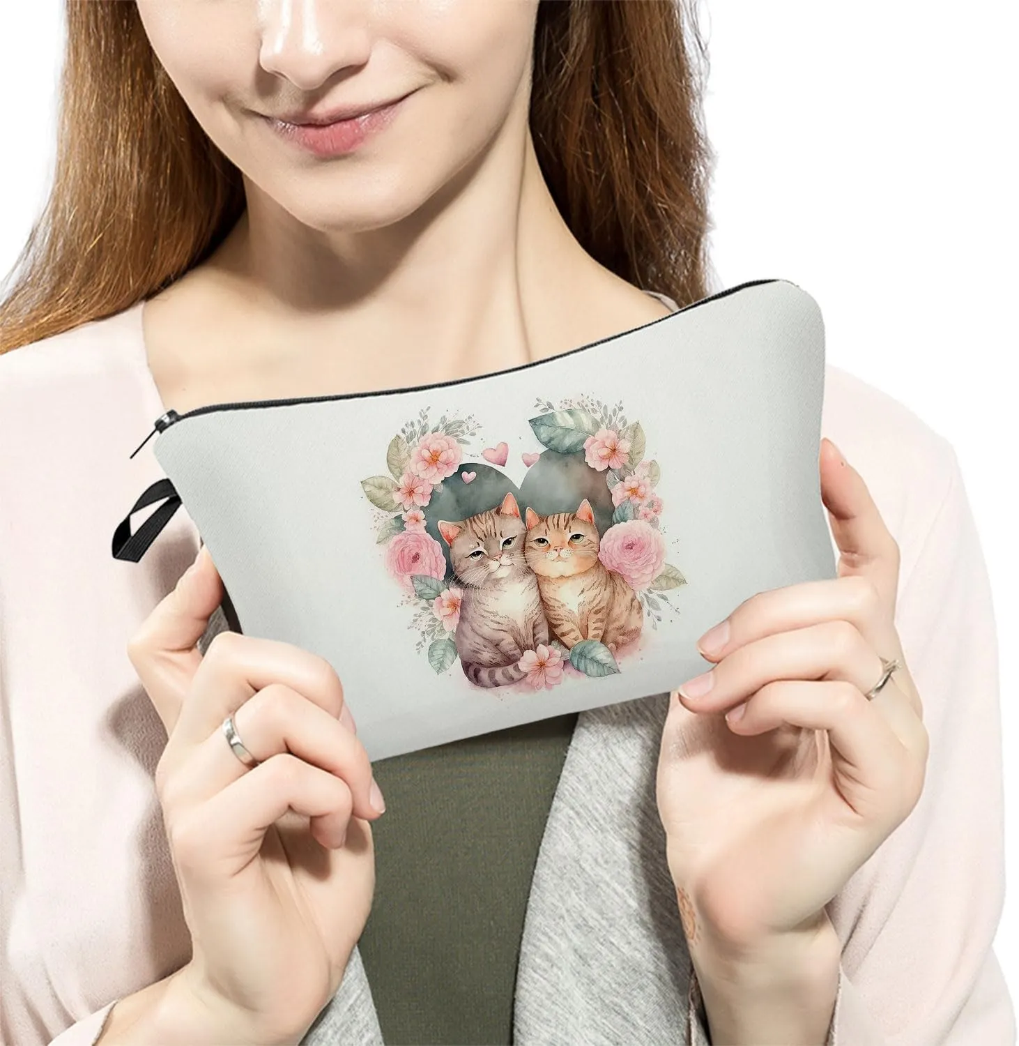 Cats In Love Makeup Bag Floral Cats Organizer Zipper Pouch Kittens In Love Cosmetic Bag Lovely Kitty Present for Cat Lovers Cat Mom Women Friends