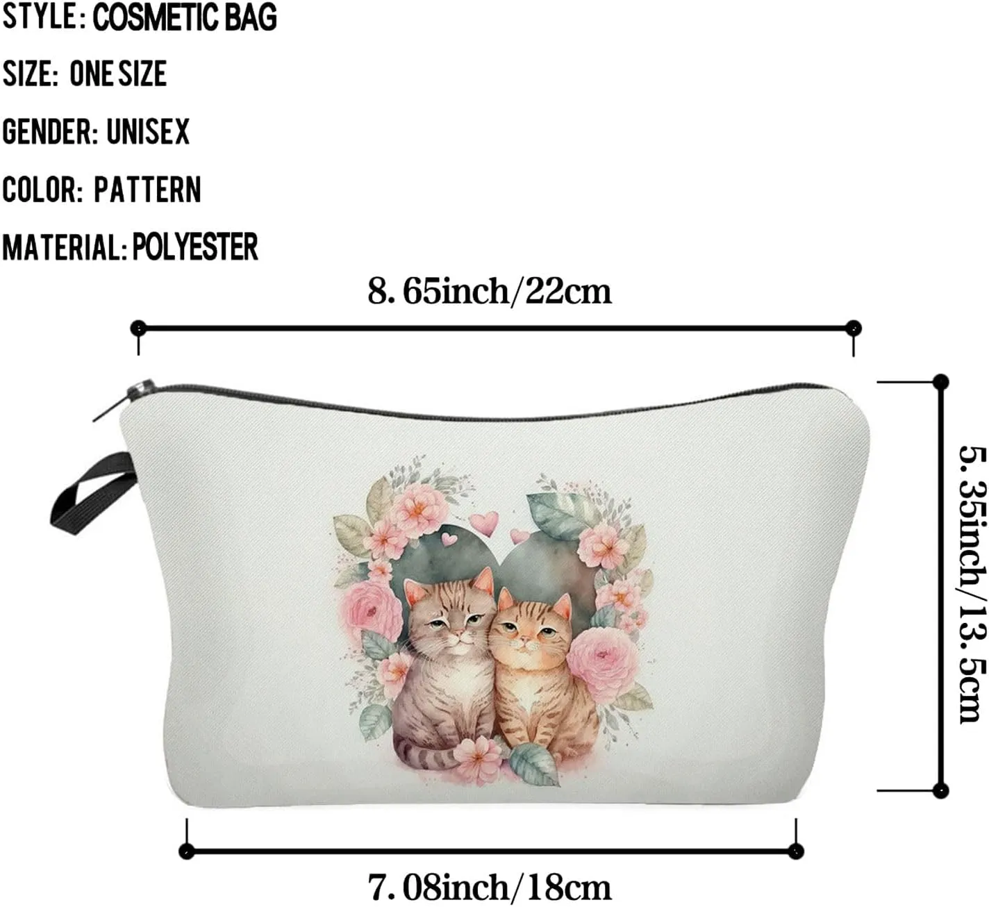 Cats In Love Makeup Bag Floral Cats Organizer Zipper Pouch Kittens In Love Cosmetic Bag Lovely Kitty Present for Cat Lovers Cat Mom Women Friends
