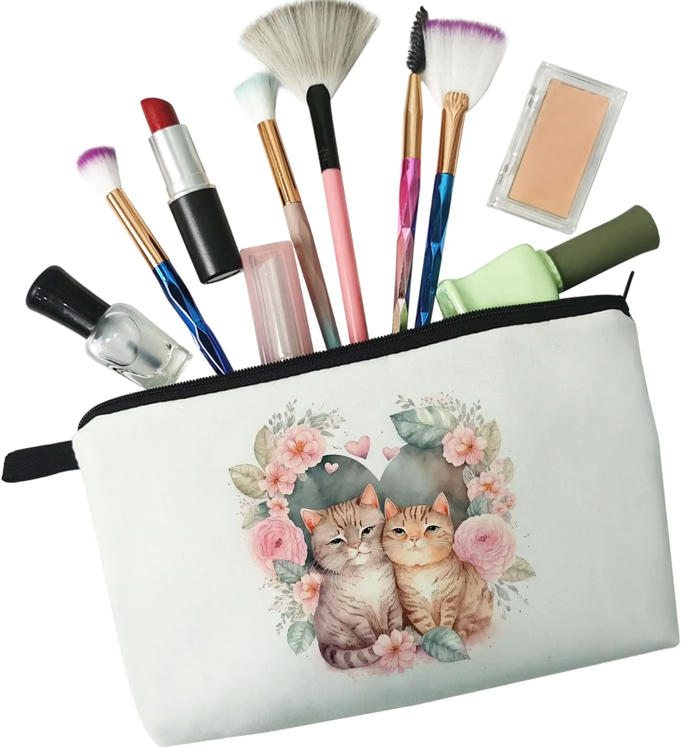 Cats In Love Makeup Bag Floral Cats Organizer Zipper Pouch Kittens In Love Cosmetic Bag Lovely Kitty Present for Cat Lovers Cat Mom Women Friends