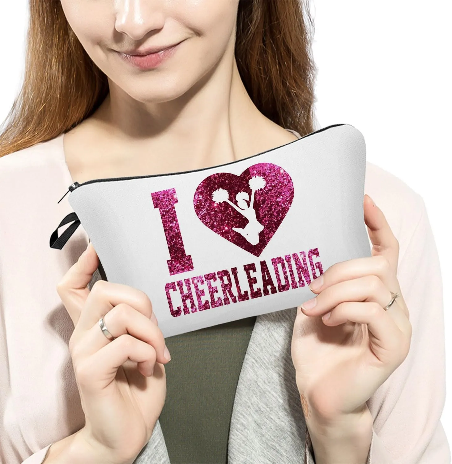 Cheerleader White Makeup Bag I Love Cheerleading Organizer Zipper Pouch Twinkle Cheerleading Pattern Cosmetic Bag Present for Chearleaders Coach Teammates Women Friends