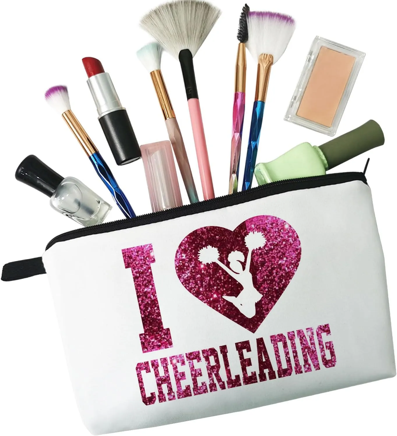 Cheerleader White Makeup Bag I Love Cheerleading Organizer Zipper Pouch Twinkle Cheerleading Pattern Cosmetic Bag Present for Chearleaders Coach Teammates Women Friends