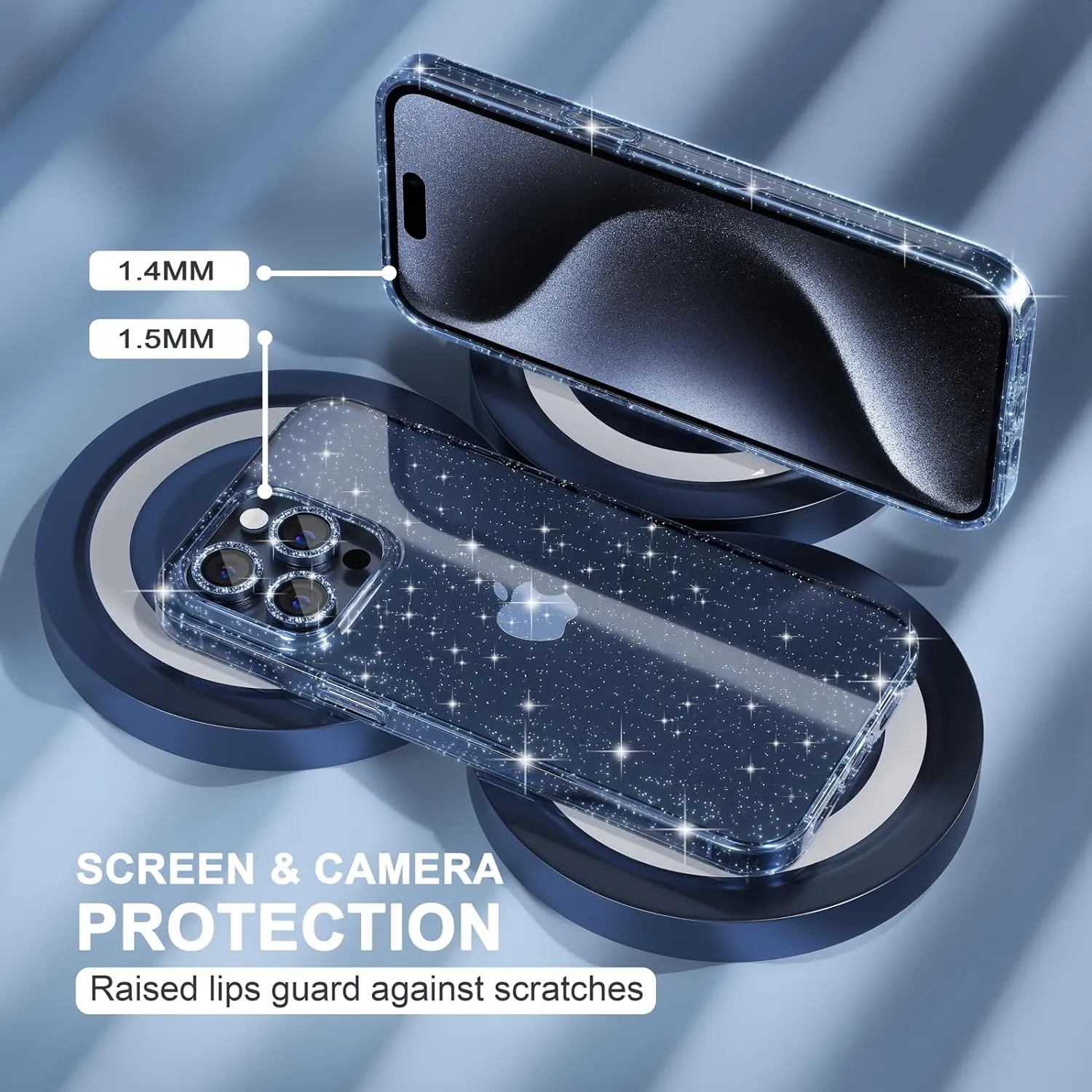 Choiche Compatible for iPhone 15 Pro Max Case, Women Cute Clear Glitter Bling Sparkly Case, [3 x Diamond Camera Lens Protectors] [2 x Tempered Glass Screen Protectors] 6.7-inch (Glitter Blue)