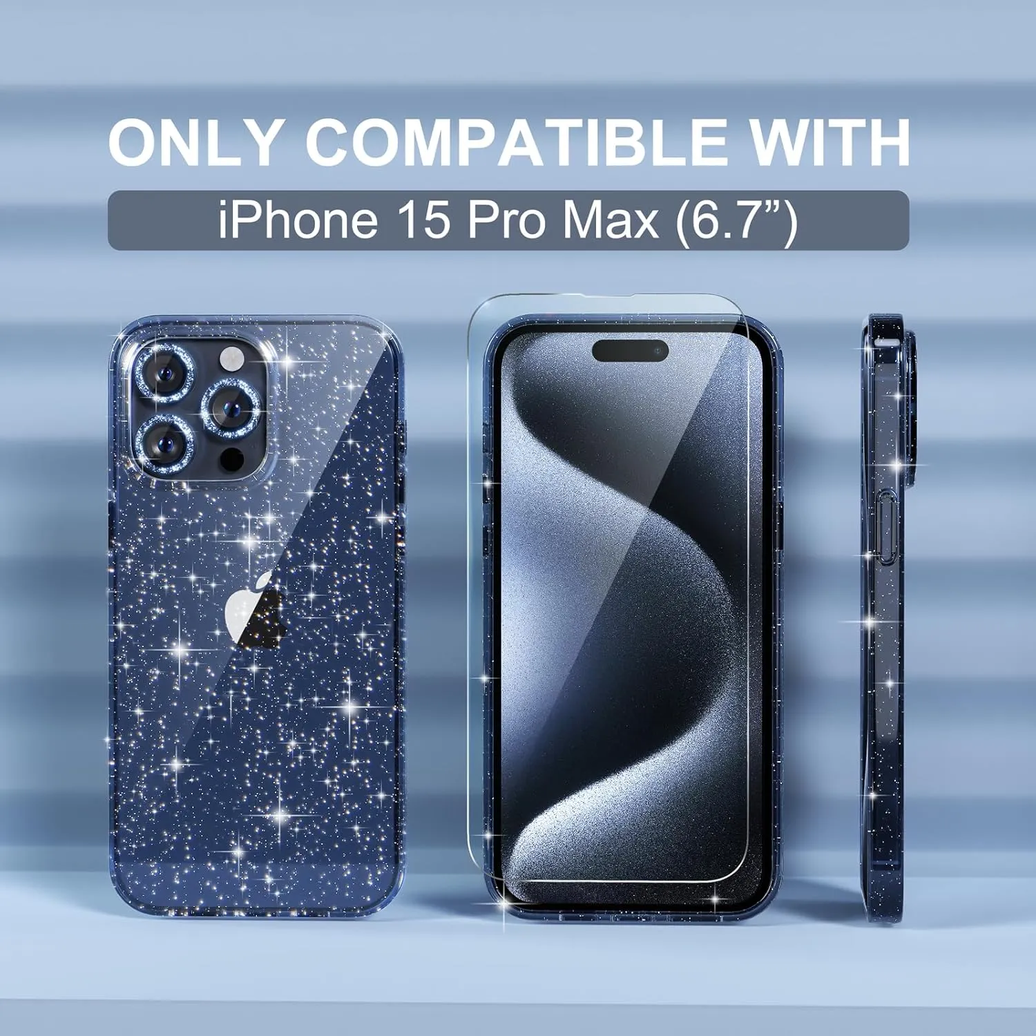 Choiche Compatible for iPhone 15 Pro Max Case, Women Cute Clear Glitter Bling Sparkly Case, [3 x Diamond Camera Lens Protectors] [2 x Tempered Glass Screen Protectors] 6.7-inch (Glitter Blue)
