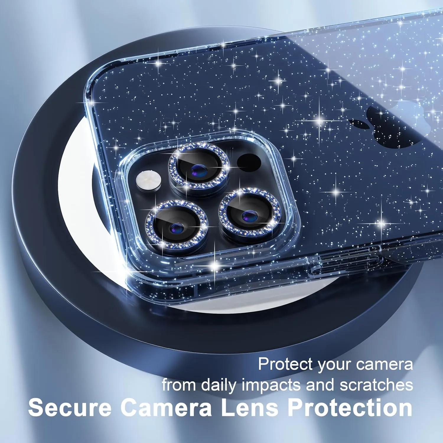 Choiche Compatible for iPhone 15 Pro Max Case, Women Cute Clear Glitter Bling Sparkly Case, [3 x Diamond Camera Lens Protectors] [2 x Tempered Glass Screen Protectors] 6.7-inch (Glitter Blue)