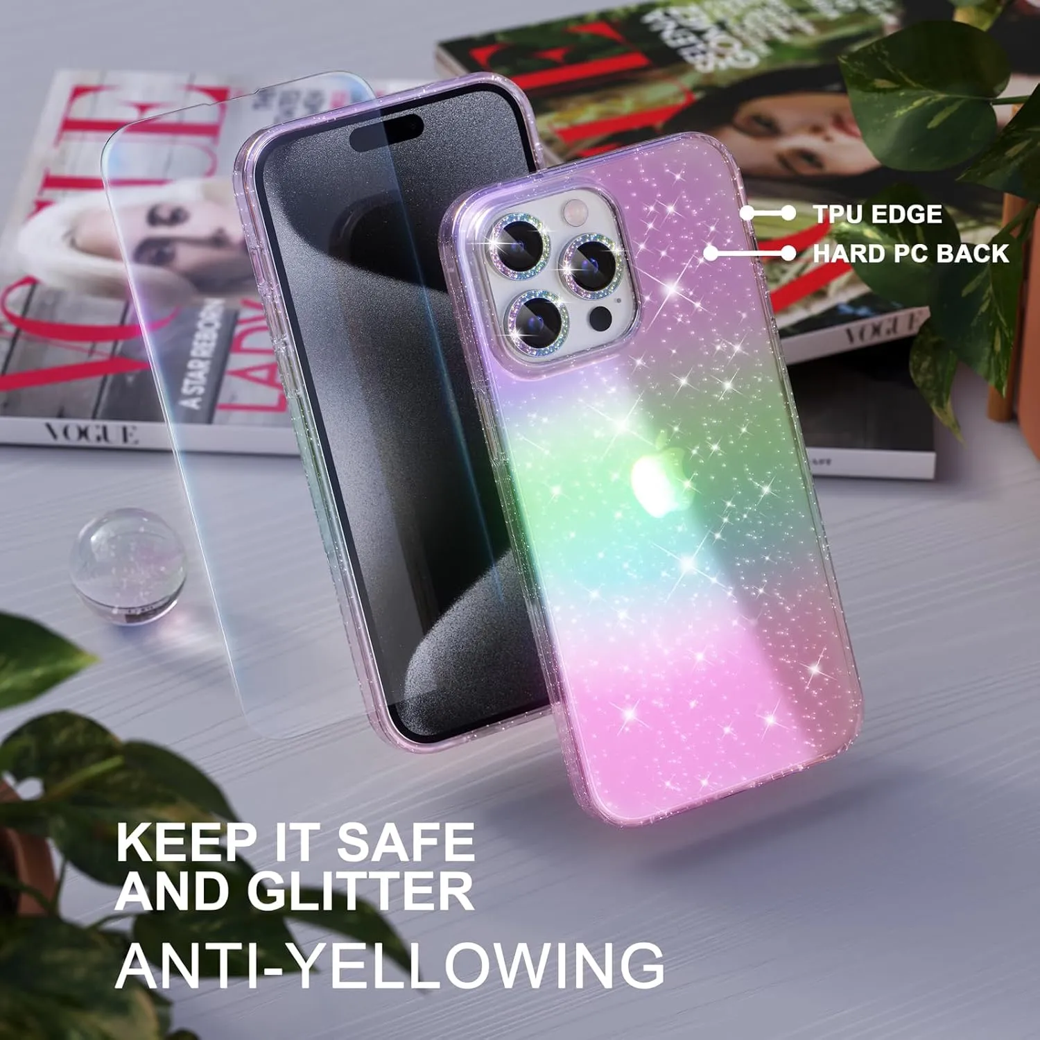 Choiche Compatible for iPhone 15 Pro Max Case, Women Cute Clear Glitter Bling Sparkly Case, [3 x Diamond Camera Lens Protectors] [2 x Tempered Glass Screen Protectors] 6.7-inch (Glitter Colorful)