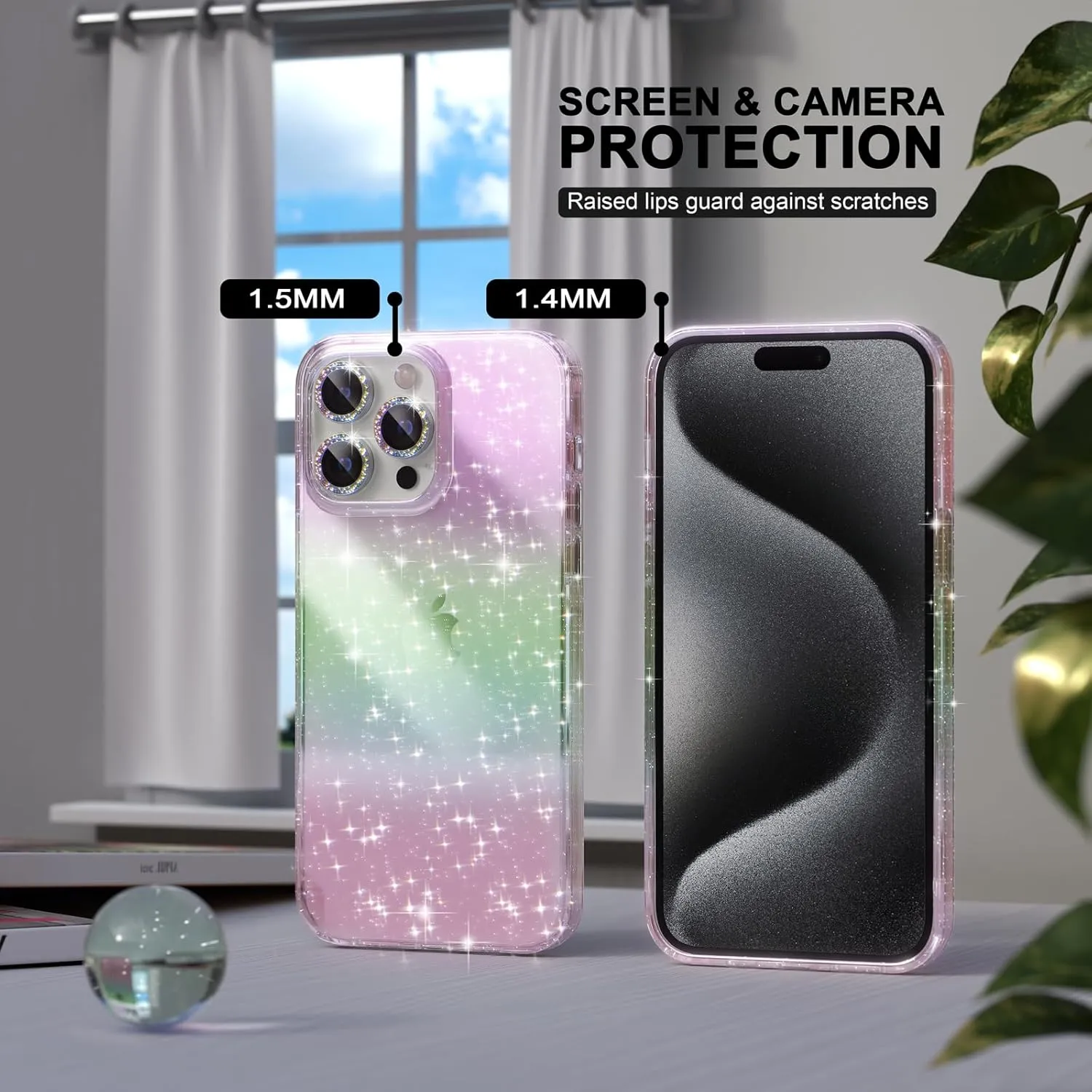 Choiche Compatible for iPhone 15 Pro Max Case, Women Cute Clear Glitter Bling Sparkly Case, [3 x Diamond Camera Lens Protectors] [2 x Tempered Glass Screen Protectors] 6.7-inch (Glitter Colorful)