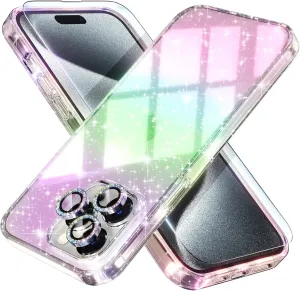 Choiche Compatible for iPhone 15 Pro Max Case, Women Cute Clear Glitter Bling Sparkly Case, [3 x Diamond Camera Lens Protectors] [2 x Tempered Glass Screen Protectors] 6.7-inch (Glitter Colorful)