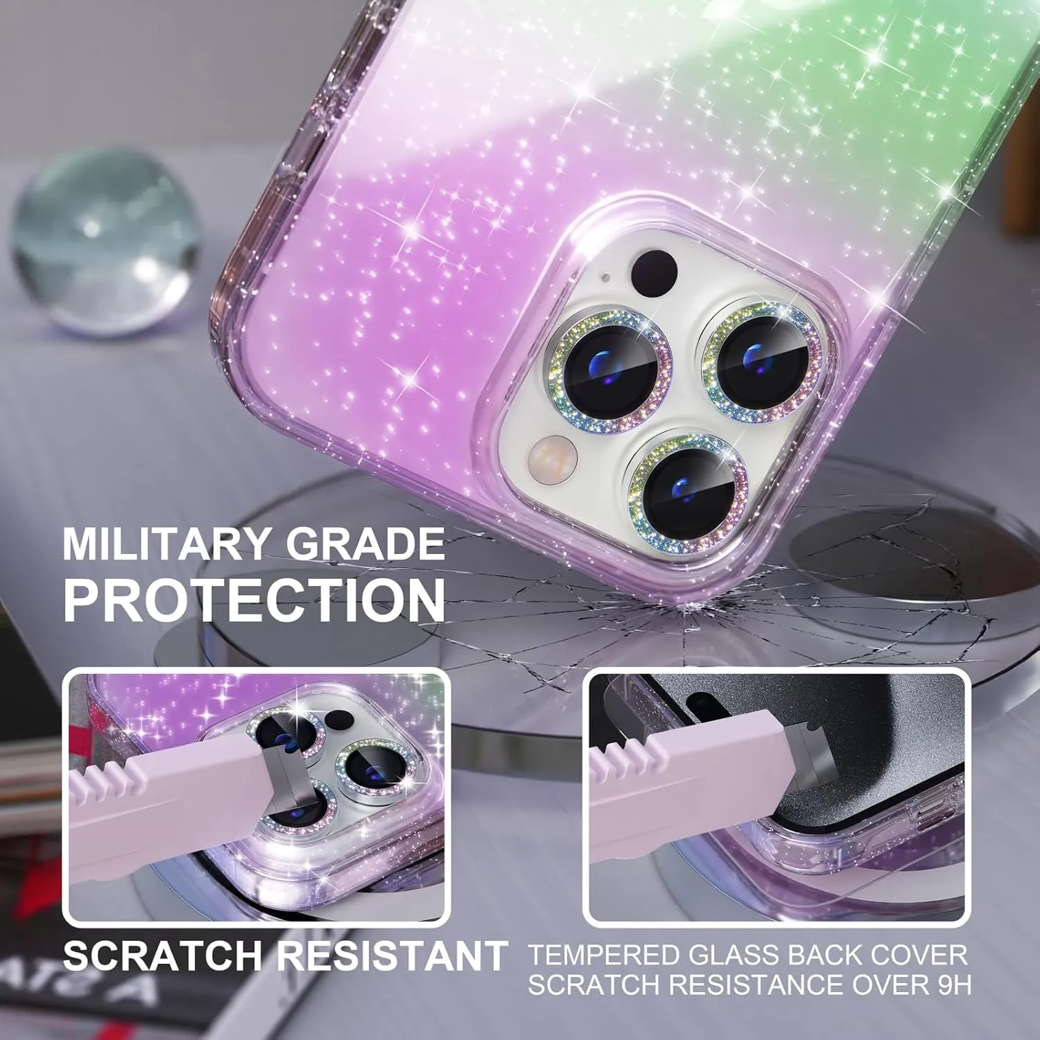 Choiche Compatible for iPhone 15 Pro Max Case, Women Cute Clear Glitter Bling Sparkly Case, [3 x Diamond Camera Lens Protectors] [2 x Tempered Glass Screen Protectors] 6.7-inch (Glitter Colorful)