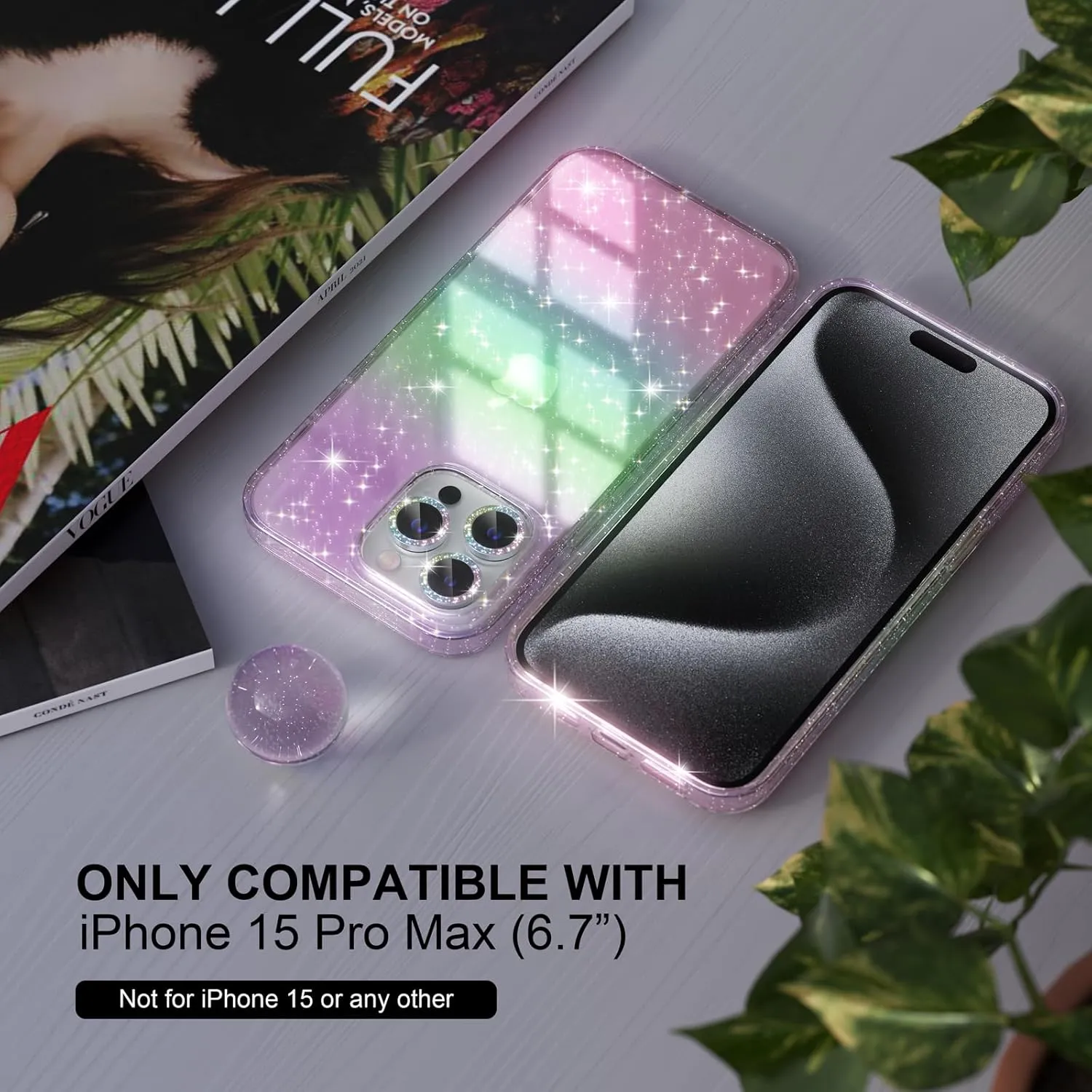 Choiche Compatible for iPhone 15 Pro Max Case, Women Cute Clear Glitter Bling Sparkly Case, [3 x Diamond Camera Lens Protectors] [2 x Tempered Glass Screen Protectors] 6.7-inch (Glitter Colorful)