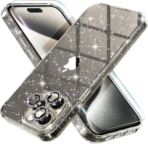 Choiche Compatible for iPhone 15 Pro Max Case, Women Cute Clear Glitter Bling Sparkly Case, [3 x Diamond Camera Lens Protectors] [2 x Tempered Glass Screen Protectors] 6.7-inch (Glitter Gray)