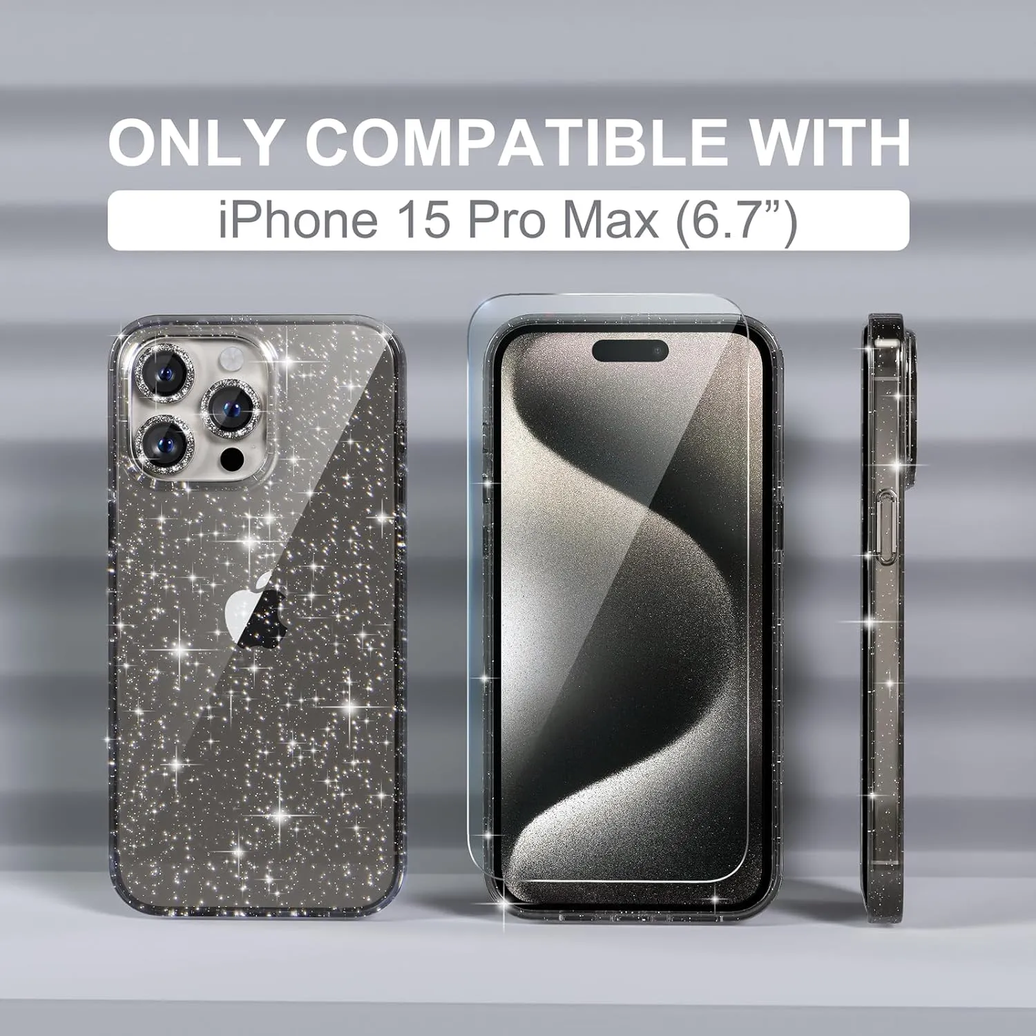 Choiche Compatible for iPhone 15 Pro Max Case, Women Cute Clear Glitter Bling Sparkly Case, [3 x Diamond Camera Lens Protectors] [2 x Tempered Glass Screen Protectors] 6.7-inch (Glitter Gray)