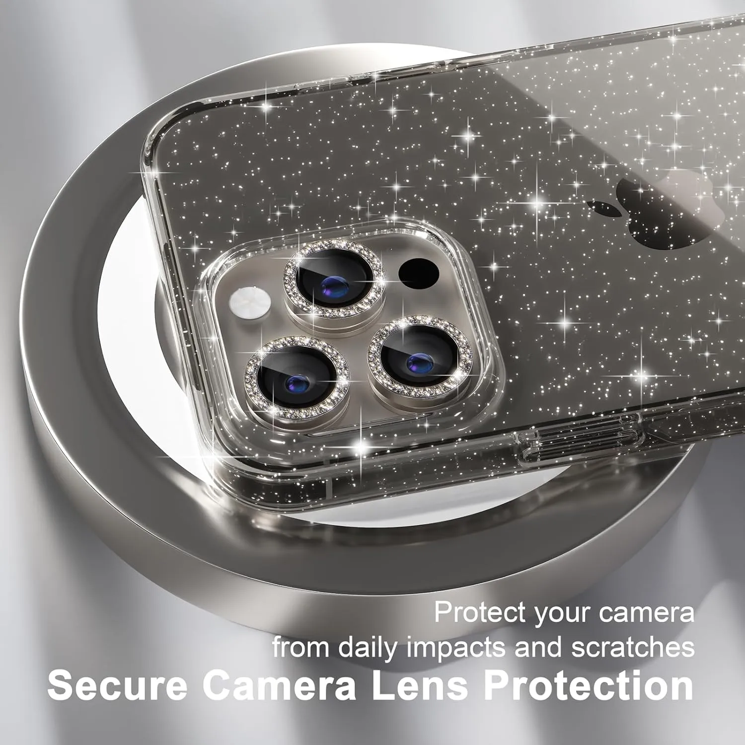 Choiche Compatible for iPhone 15 Pro Max Case, Women Cute Clear Glitter Bling Sparkly Case, [3 x Diamond Camera Lens Protectors] [2 x Tempered Glass Screen Protectors] 6.7-inch (Glitter Gray)