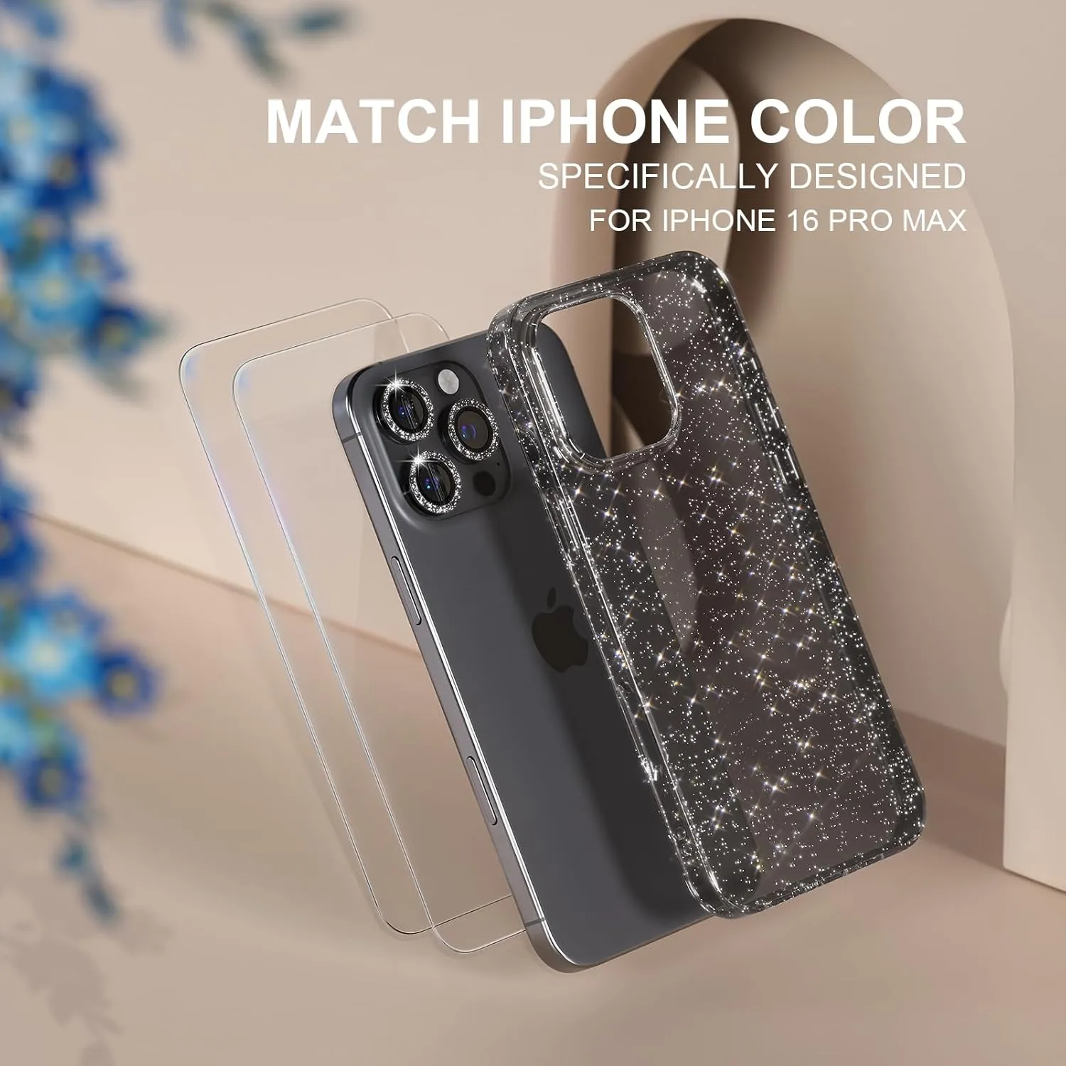 Choiche Compatible for iPhone 16 Pro Max Case, Women Cute Clear Glitter Bling Sparkly Case, [3 x Diamond Camera Lens Protectors] [2 x Tempered Glass Screen Protectors] 6.9-inch (Glitter Black)