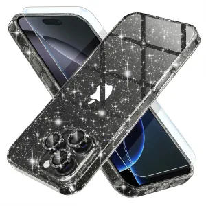 Choiche Compatible for iPhone 16 Pro Max Case, Women Cute Clear Glitter Bling Sparkly Case, [3 x Diamond Camera Lens Protectors] [2 x Tempered Glass Screen Protectors] 6.9-inch (Glitter Black)