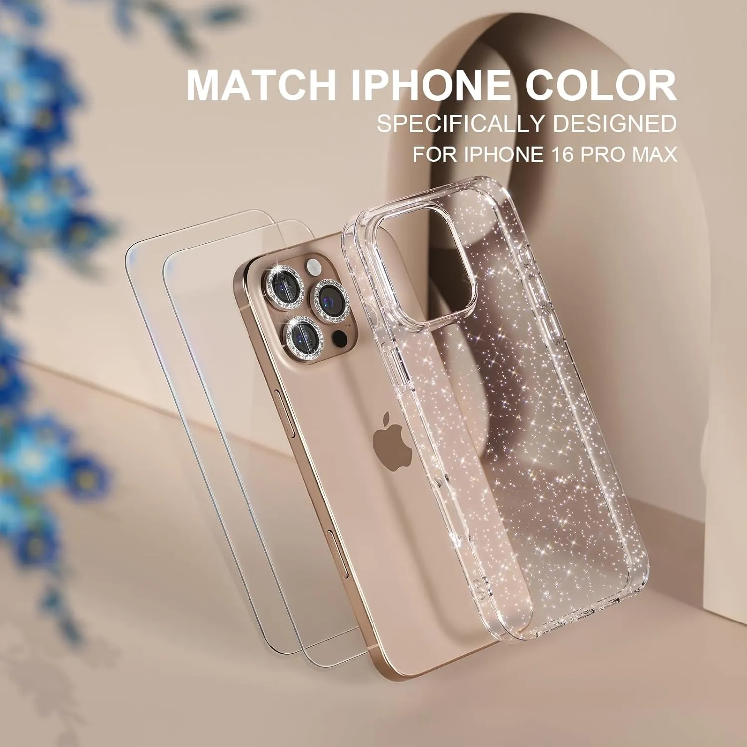 Choiche Compatible for iPhone 16 Pro Max Case, Women Cute Clear Glitter Bling Sparkly Case, [3 x Diamond Camera Lens Protectors] [2 x Tempered Glass Screen Protectors] 6.9-inch (Glitter Clear)