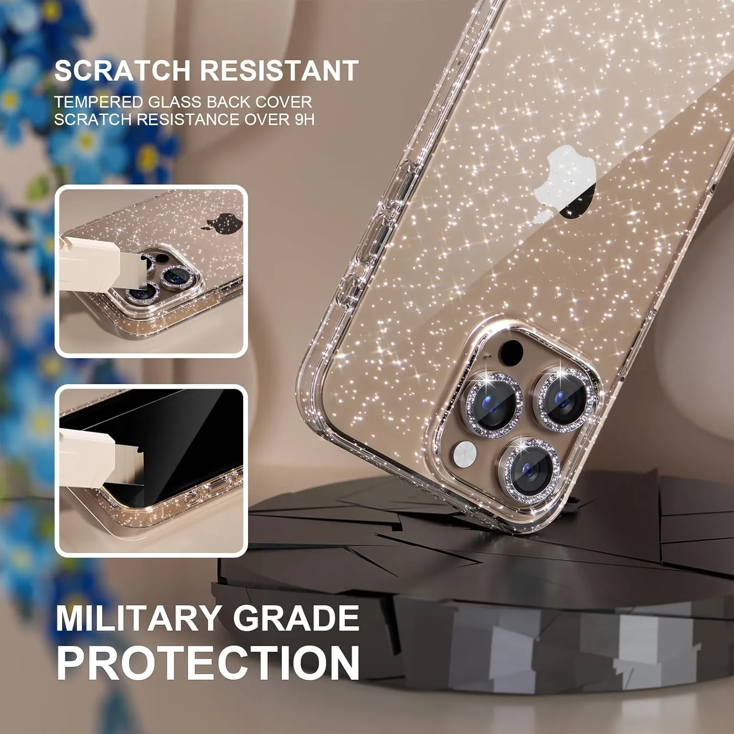 Choiche Compatible for iPhone 16 Pro Max Case, Women Cute Clear Glitter Bling Sparkly Case, [3 x Diamond Camera Lens Protectors] [2 x Tempered Glass Screen Protectors] 6.9-inch (Glitter Clear)