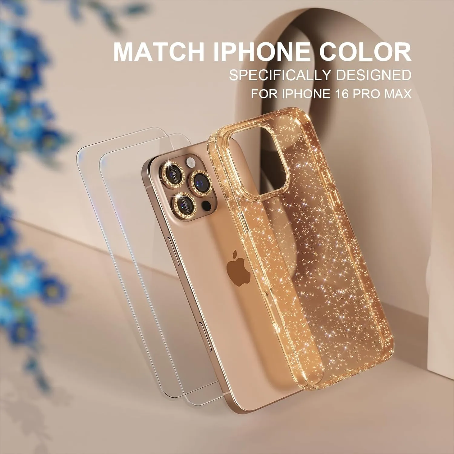 Choiche Compatible for iPhone 16 Pro Max Case, Women Cute Clear Glitter Bling Sparkly Case, [3 x Diamond Camera Lens Protectors] [2 x Tempered Glass Screen Protectors] 6.9-inch (Glitter Gold)