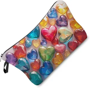 Colorful Heart-shaped Cobblestone Makeup Bag Small Organizer Bag Zipper Pouch Colorful Heart Crystal Cobblestone Print Cosmetic Bag Present for Women Friends