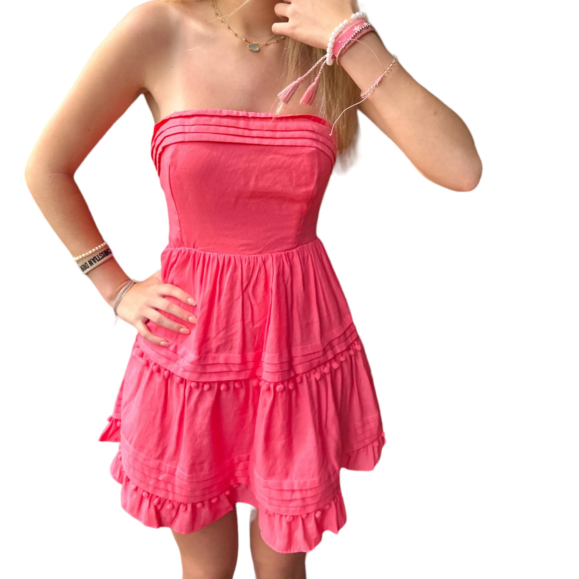 Coral Pink Pom Pom Strapless Dress