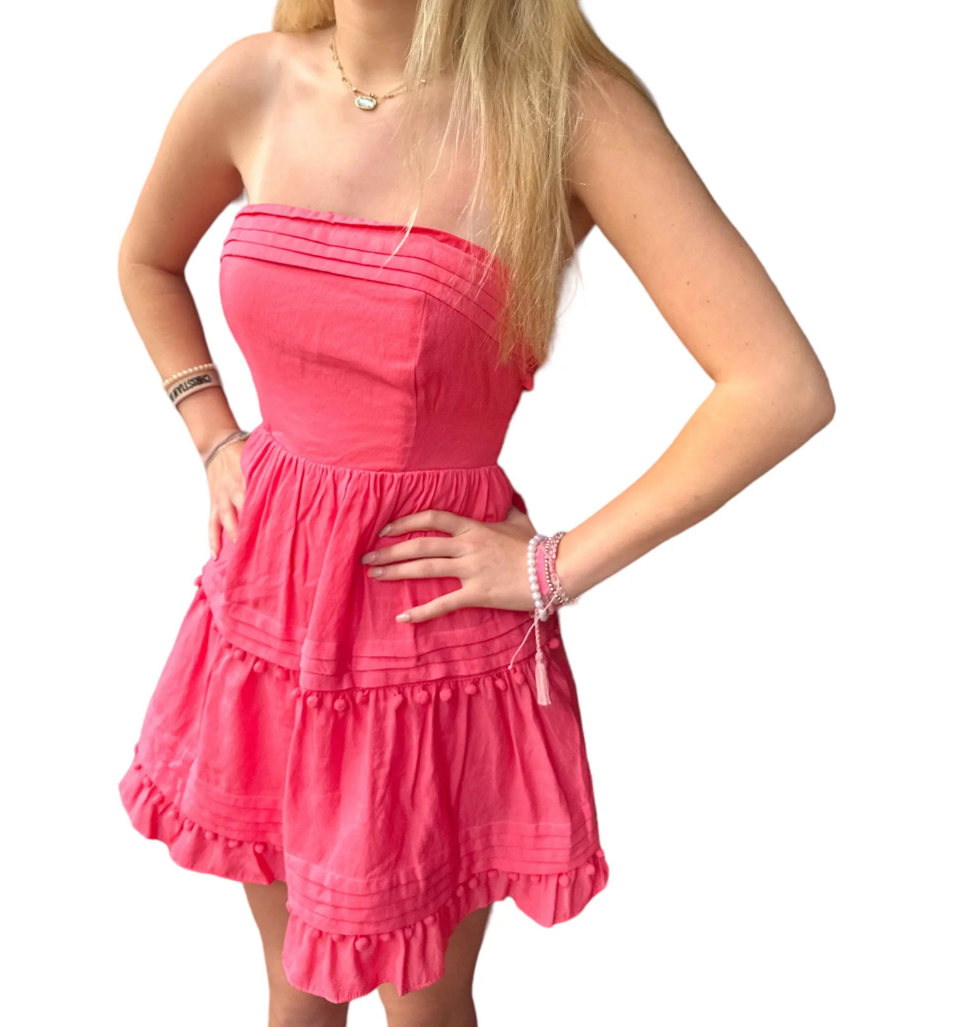 Coral Pink Pom Pom Strapless Dress