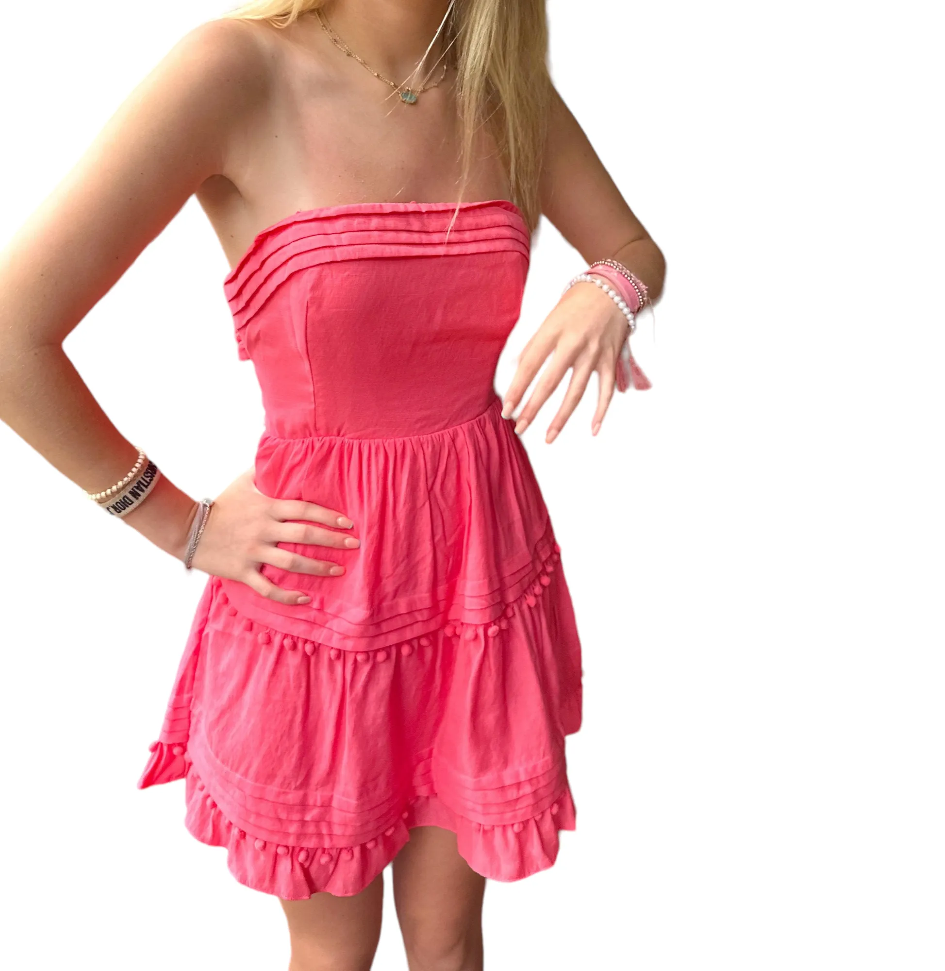 Coral Pink Pom Pom Strapless Dress