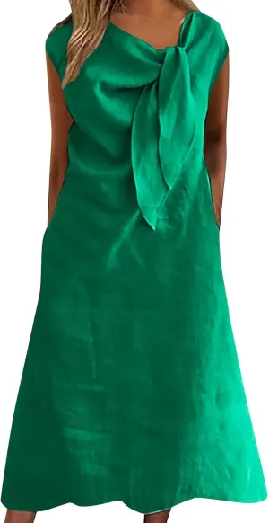 Cotton Linen Dress for Women Summer Fashion Pleated Collar Sleeveless Breathable Loose Fit Dresses Beach Sundress