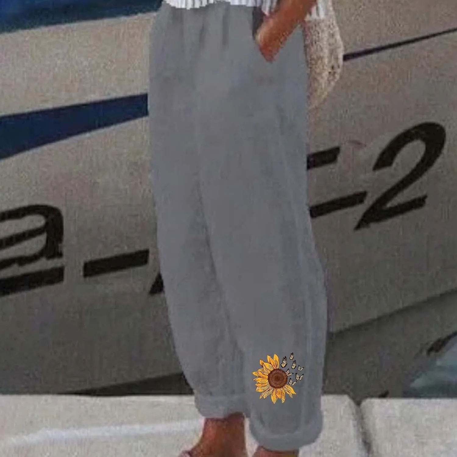 Cotton Linen Pants Women Casual Drawstring High Waist Summer Trousers Loose Fit Lounge Beach Pants with Graphic