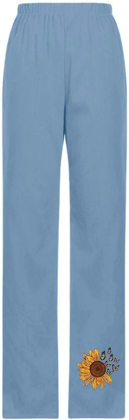 Cotton Linen Pants Women Casual Drawstring High Waist Summer Trousers Loose Fit Lounge Beach Pants with Graphic