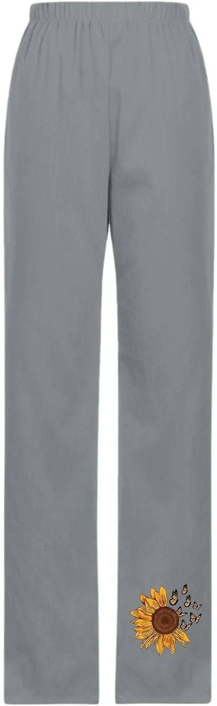 Cotton Linen Pants Women Casual Drawstring High Waist Summer Trousers Loose Fit Lounge Beach Pants with Graphic