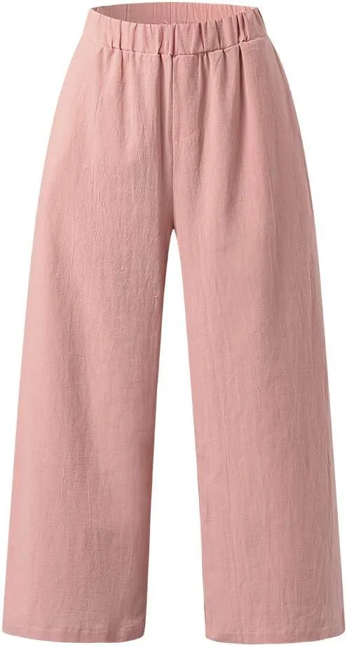Cotton Linen Pants Women Summer Wide Leg Cropped Trousers Elastic Waist Beach Vacation Lounge Palazzo with Pockets
