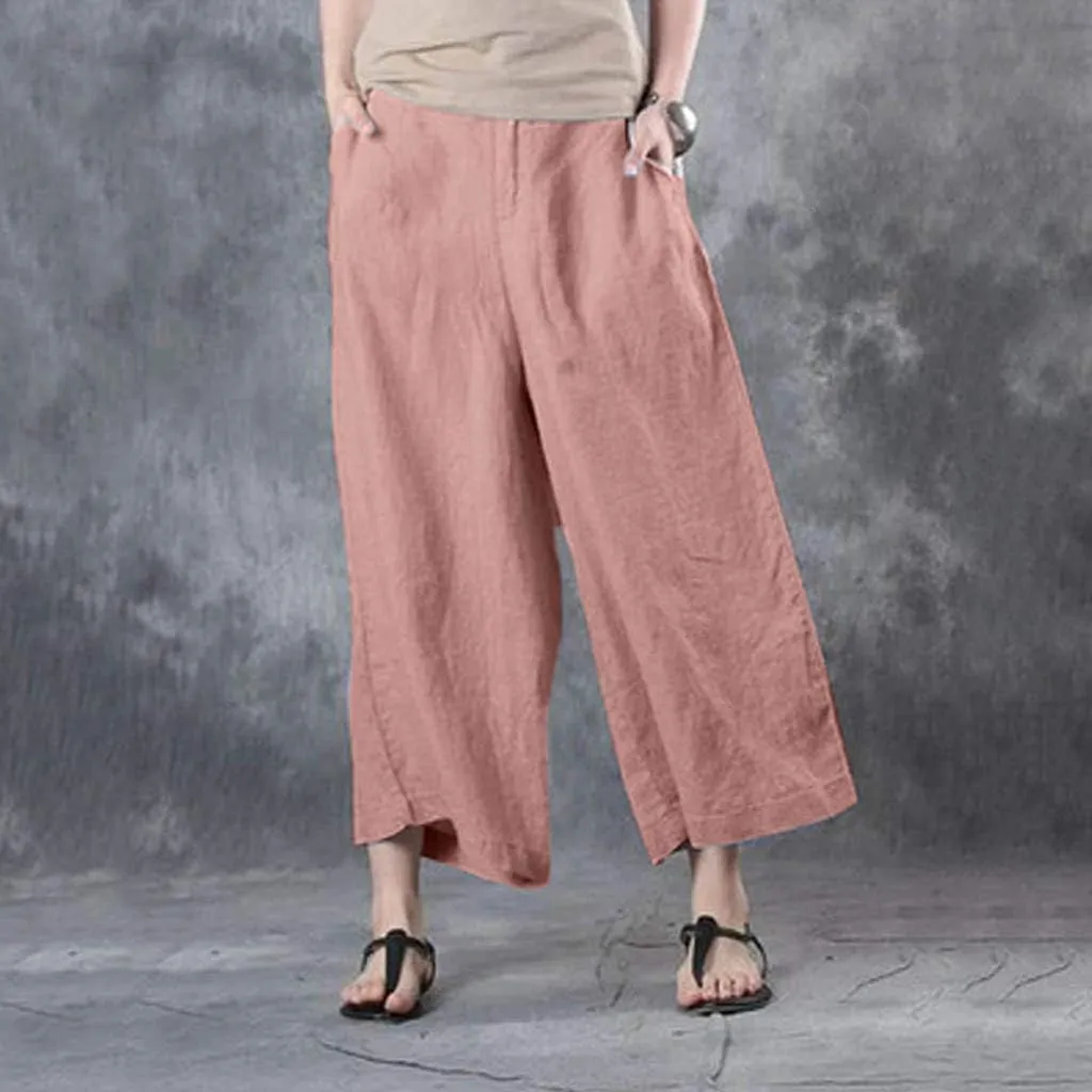 Cotton Linen Pants Women Summer Wide Leg Cropped Trousers Elastic Waist Beach Vacation Lounge Palazzo with Pockets