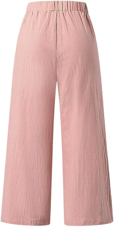 Cotton Linen Pants Women Summer Wide Leg Cropped Trousers Elastic Waist Beach Vacation Lounge Palazzo with Pockets