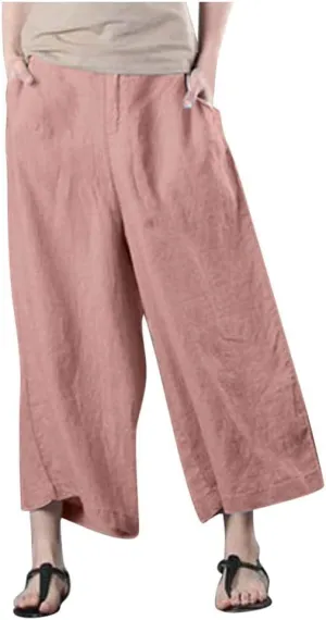 Cotton Linen Pants Women Summer Wide Leg Cropped Trousers Elastic Waist Beach Vacation Lounge Palazzo with Pockets