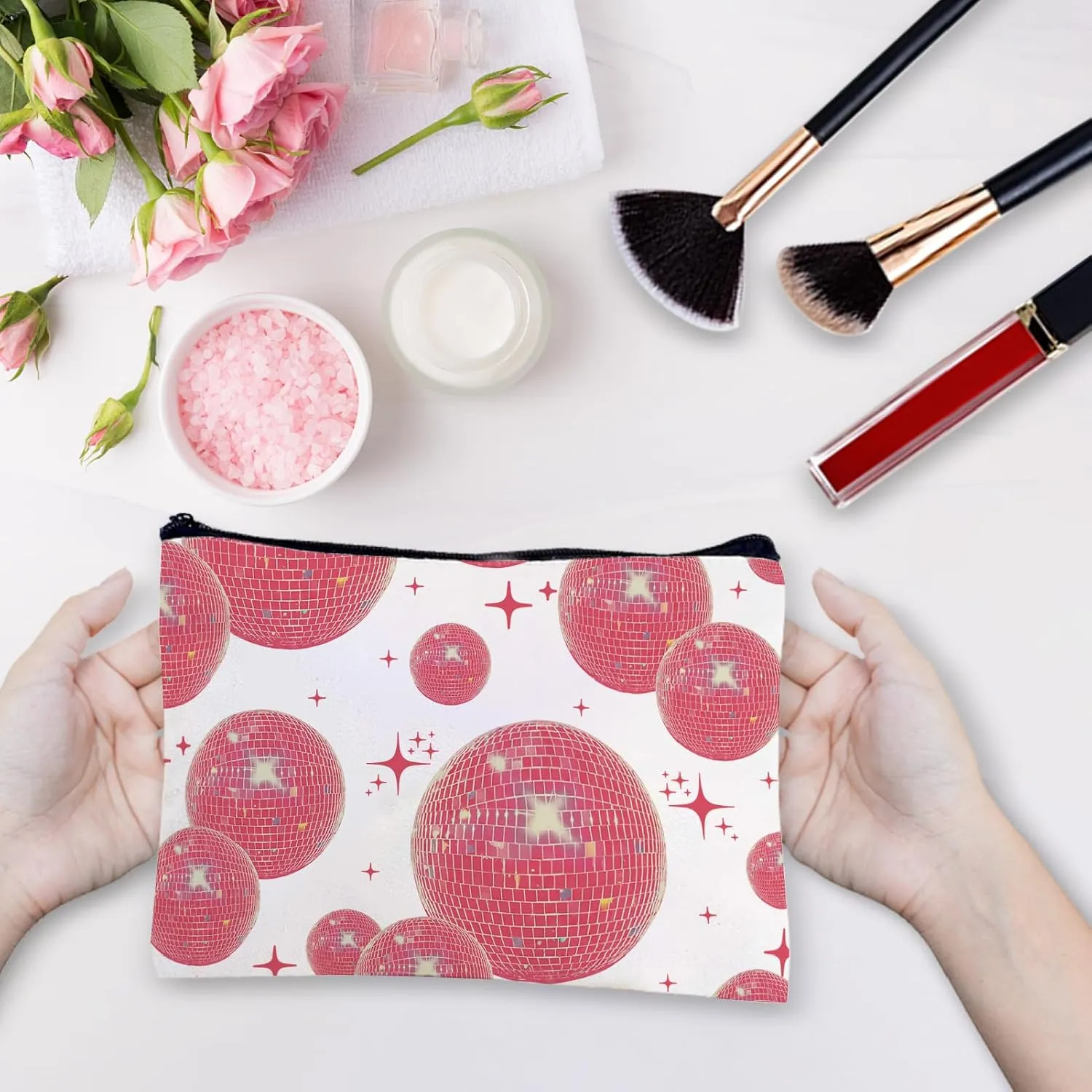 CREATCABIN Disco Ball Makeup Bags for Purse Multi-Function Pink Ball Cosmetic Bag Zipper Toiletry Travel Washing Bag Make Up Organizer Tool Pouch Storage Bags for Women Dance Lovers Gifts 10x7Inch